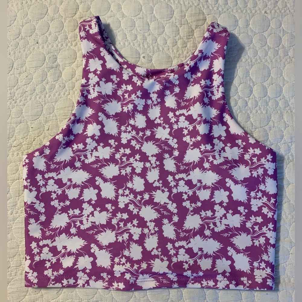 Becco Long Line Sports Bra Tank Top Floral Print Purple White Small